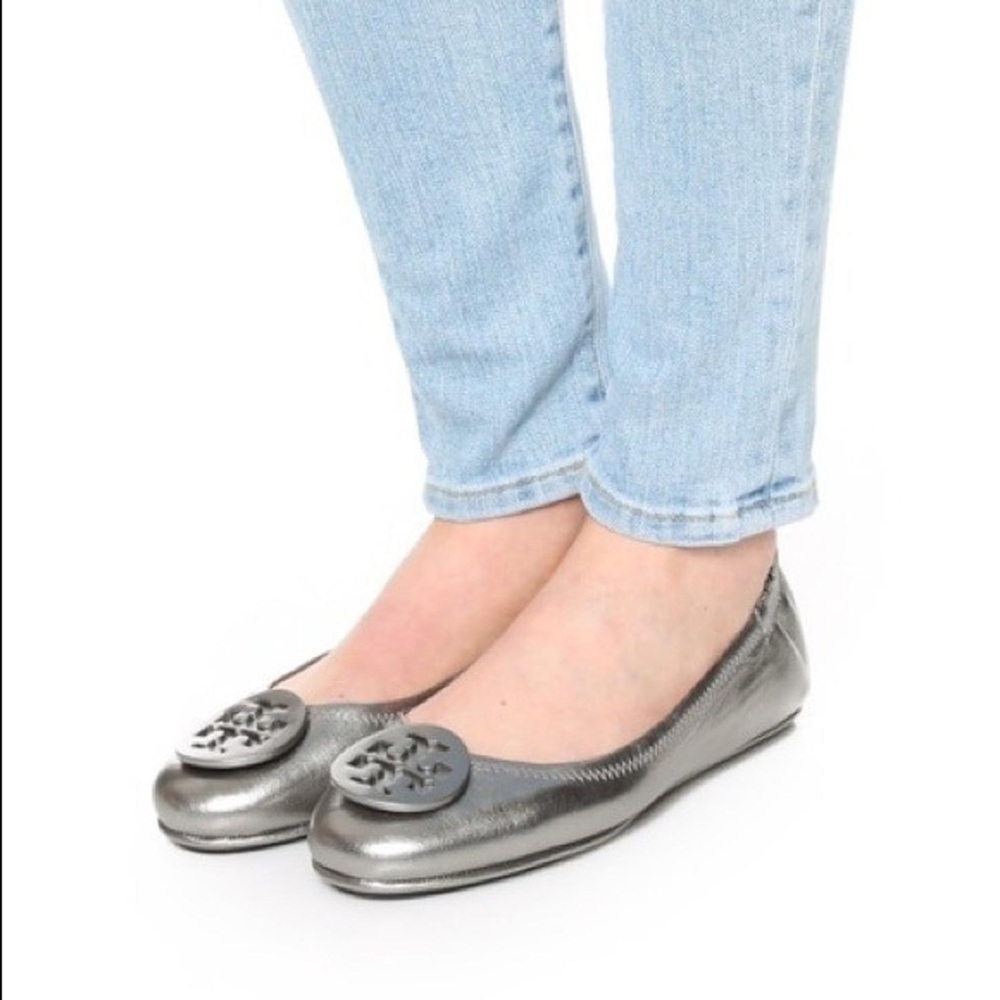 Tory Burch Silver Metallic Claire Leather Ballet Flats